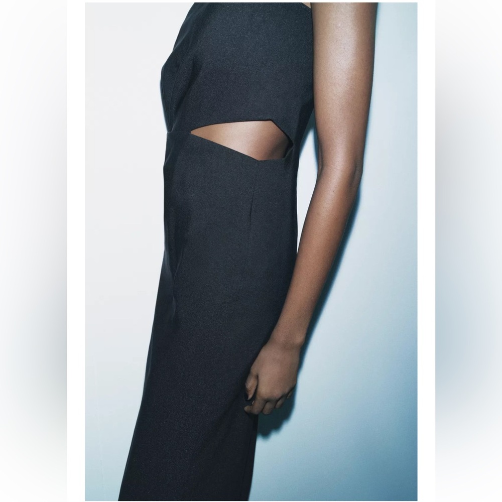 Zara Black Cut Out Midi Dress cotton blend one long sleeve Pleated knot ZW NWT - Picture 4 of 16